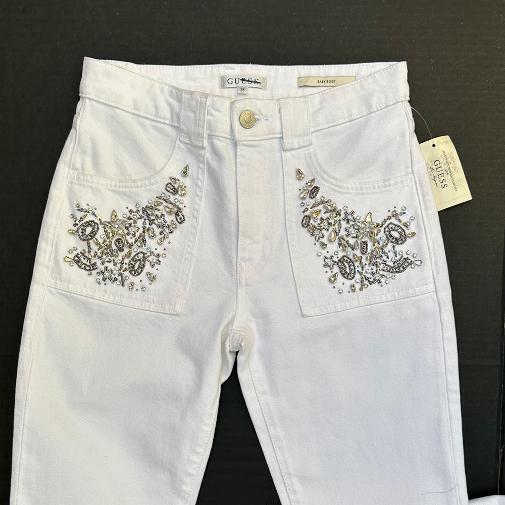New Guess White Flare Jeans with Floral Embroidery SZ 26 - Picture 5 of 11